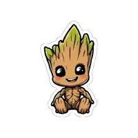 a sticker of a baby groot with green hair