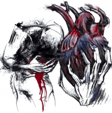 a black and white drawing of a man holding a bloody heart