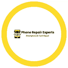 a yellow circle with the words phone repair experts smartphone and tech repair