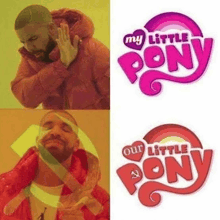 a man is making a face in front of a picture of the my little pony logo and our little pony logo .