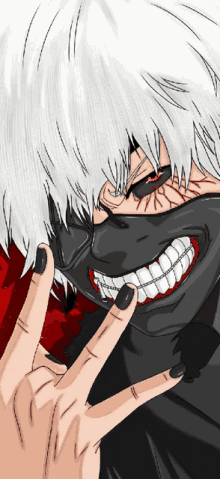 a cartoon character with white hair and black nails is wearing a mask