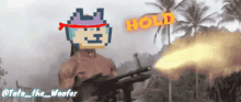 a pixel art of a man holding a gun with the words hold above him