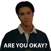 a man in a blue shirt says " are you okay " on a white background