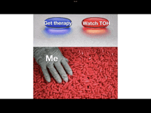 a picture of a hand reaching for a red pill that says get therapy