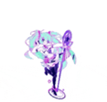 hatsune miku is standing in front of a microphone holding a wand .