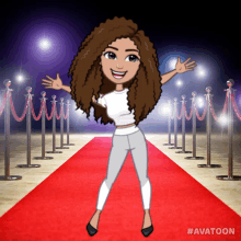 a cartoon of a woman standing on a red carpet with the hashtag #avatoon on the bottom