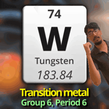 a man stands in front of a sign that says 74 tungsten 183.84