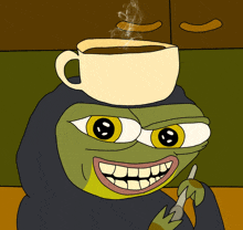 a cartoon of a frog with a cup of coffee on his head