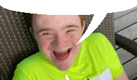 a young man with down syndrome is smiling with a speech bubble behind him