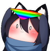 a cartoon drawing of a cat with a rainbow on her head