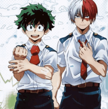 two anime characters are standing next to each other and one has green hair and one has red and white hair