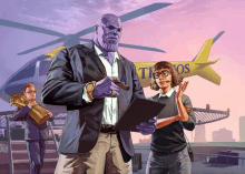 thanos is standing next to a woman in front of a helicopter that says thanos