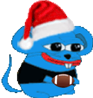 a blue mouse wearing a santa hat and scarf holds a football