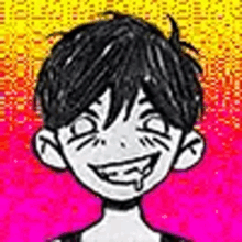 a black and white drawing of a boy with a smiley face on a colorful background .