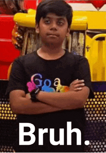 a young boy is standing with his arms crossed in front of a roller coaster with the words bruh .