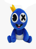 a blue stuffed animal with a yellow crown on its head is sitting on a white surface .