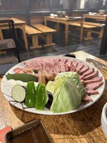 a plate of meat and vegetables is on a wooden table