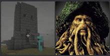 a screenshot of a minecraft game and a statue of a man with tentacles