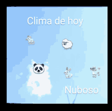 a blue background with a panda a mouse a sheep and a dog with the words clima de hoy nuboso