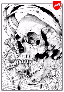 a black and white drawing of a skull surrounded by flowers and the word bloods