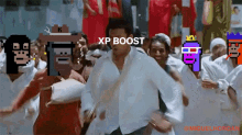 a man in a white shirt is dancing in front of a crowd with xp boost written on it