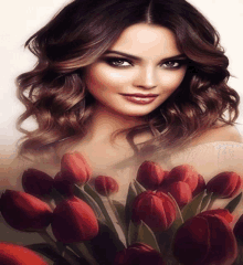 a woman with a bouquet of red tulips in the background