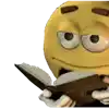 a cartoon smiley face is reading a book on a white background .