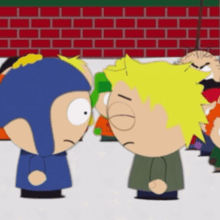 two cartoon characters are standing next to each other in front of a red brick wall