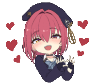 a drawing of a girl with pink hair wearing a beret and surrounded by hearts