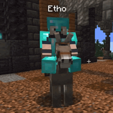 a minecraft character is riding a donkey with the name etho written above it