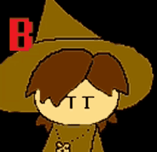 a pixel art drawing of a witch with the letter b above her