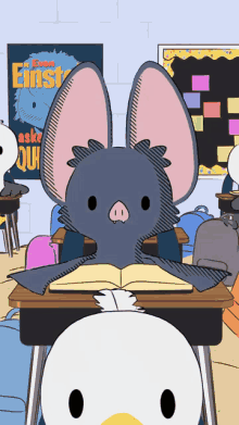 a cartoon of a bat reading a book in a classroom with a poster for einstein behind it