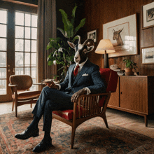 a man with a goat head is sitting in a chair holding a cup of coffee