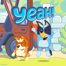 a cartoon dog says yeah in front of a car