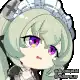 a pixel art of a girl with green hair and purple eyes wearing a maid outfit .