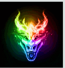 a rainbow colored dragon 's head with flames coming out of it 's mouth