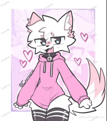 a drawing of a white cat wearing a pink hoodie and knee high socks with hearts around it .