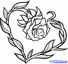 a black and white drawing of a heart with roses and leaves by dragoart.com