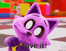 a purple cat says i love it in a pixelated image