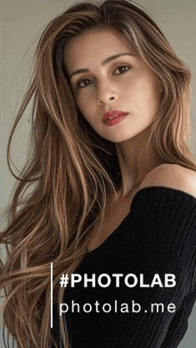 a woman with long brown hair and red lips is wearing a black sweater .