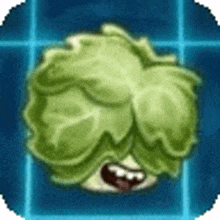 a cartoon illustration of a green cabbage with a mouth open and teeth .