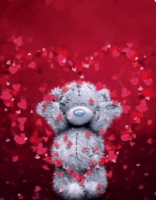 a teddy bear surrounded by red hearts on a red background