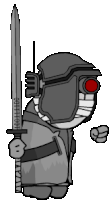 a cartoon of a robot holding a sword with a binary code on the blade