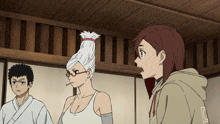 a group of anime characters are standing in a room and one of them has a hoodie with the letter l on the sleeve