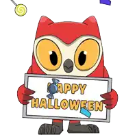a cartoon owl is holding a happy halloween sign