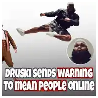 a poster that says druski sends warning to mean people online with a picture of a man jumping in the air