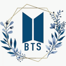 the bts logo is surrounded by blue flowers on a white background