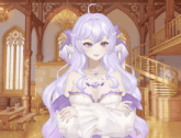 a girl with purple hair and a necklace is in a room with a spiral staircase