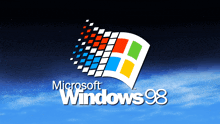 a microsoft windows 98 logo with a blue sky background