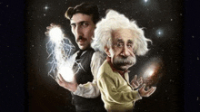 a cartoon of nikola tesla and albert einstein standing next to each other holding lightning bolts .